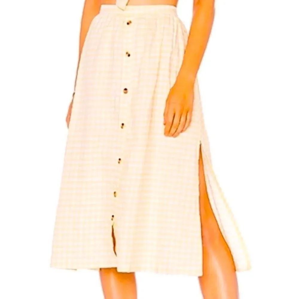 Faithfull the Brand White Yellow Checkered Linen Split Hem Summer Midi Skirt NEW - Picture 3 of 4